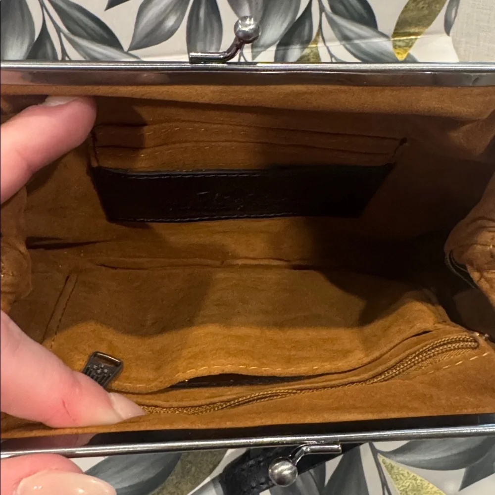 Patricia Nash Black Floral Kiss-Lock Wristlet with Burgundy & Mustard Flowers - Picture 4 of 6